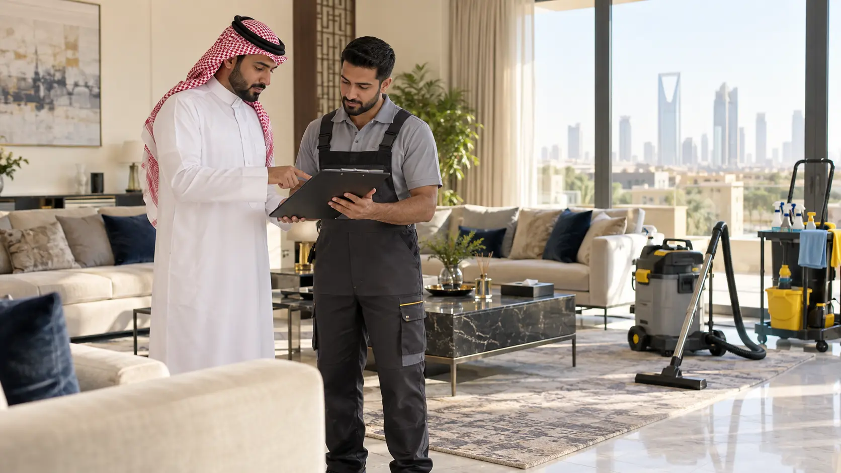 عميل يراجع عرض تنظيف المنزل مع مشرف الخدمة داخل منزل في الرياض