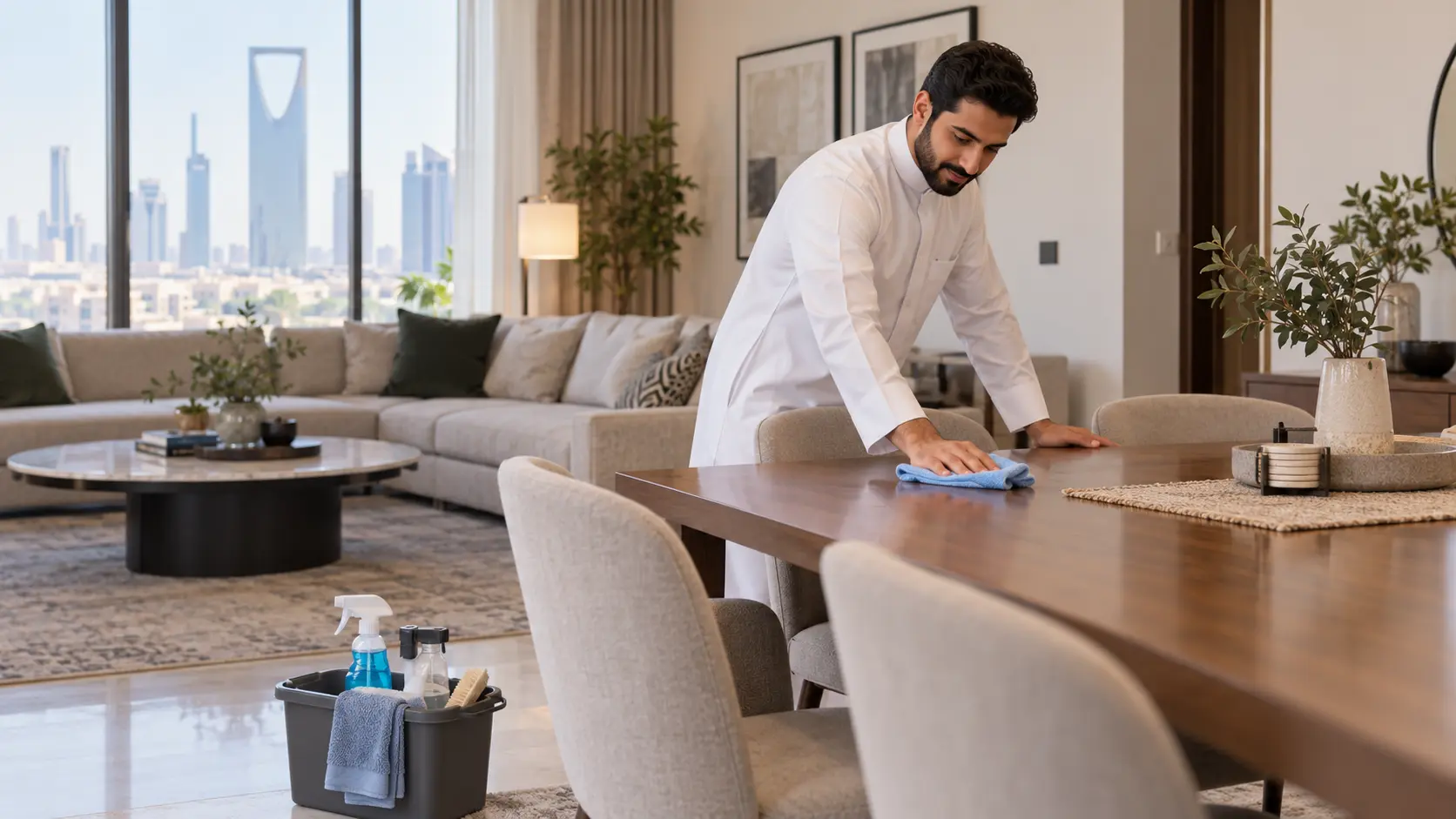 رجل يمسح طاولة الطعام ضمن روتين المحافظة على نظافة المنزل بين الزيارات