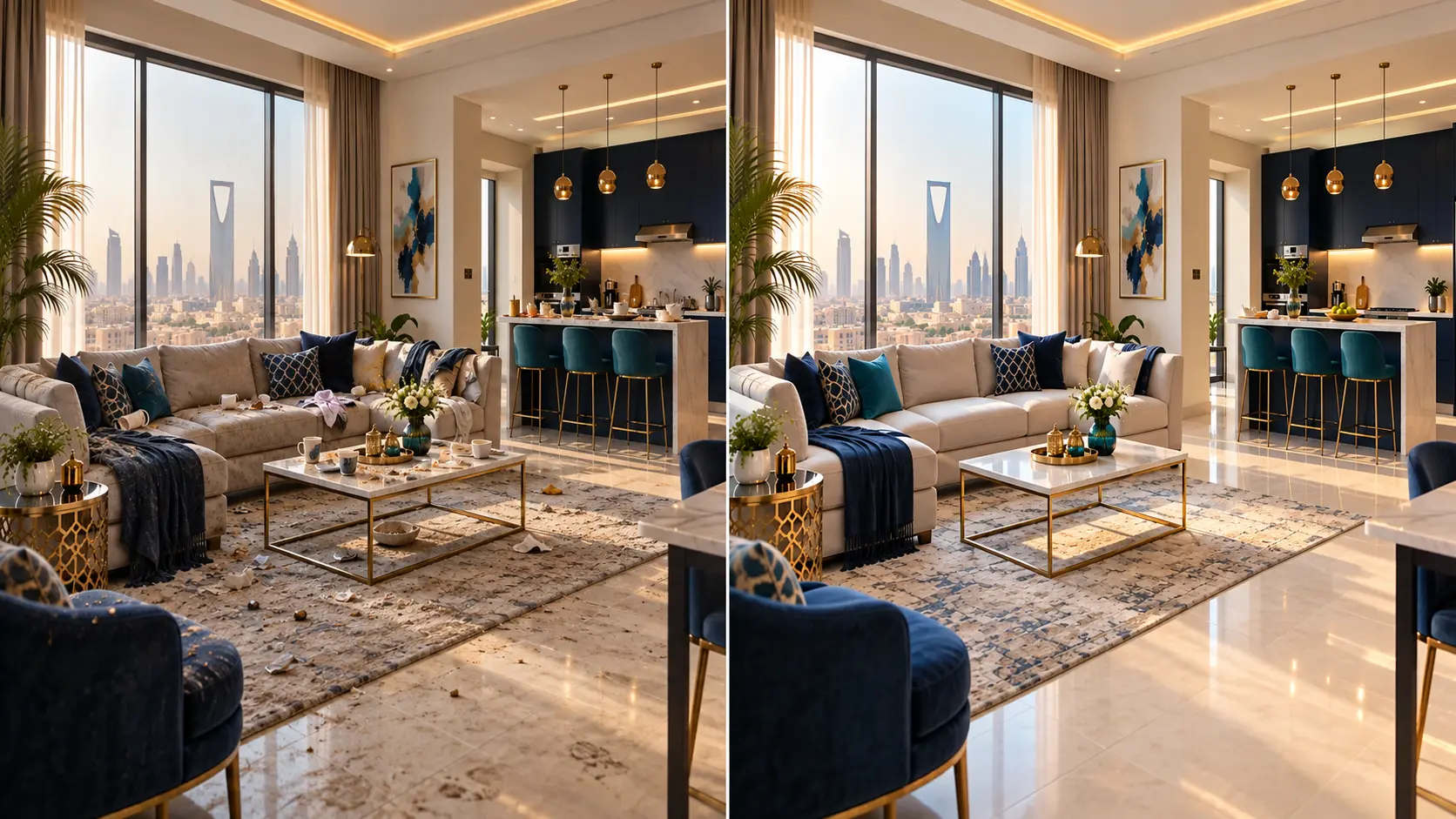 صورة قبل وبعد توضح اختيار خدمة تنظيف المنزل في الرياض في الرياض