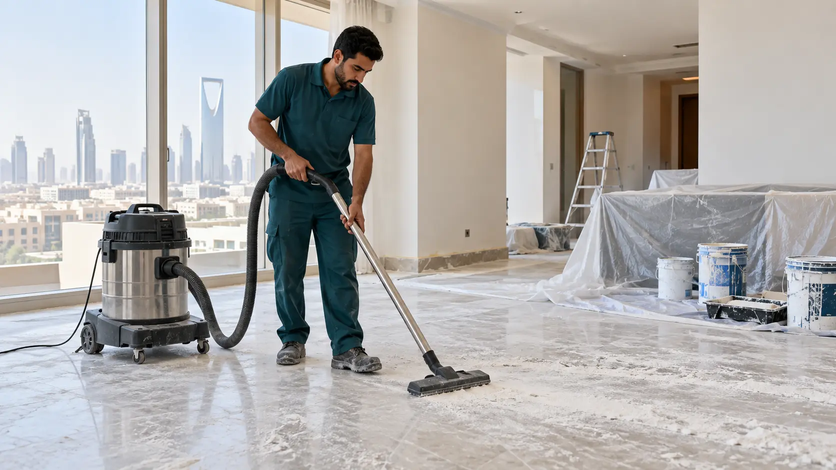 عامل تنظيف يزيل غبار التشطيب من أرضية منزل حديث الدهان في الرياض بمكنسة مخصصة